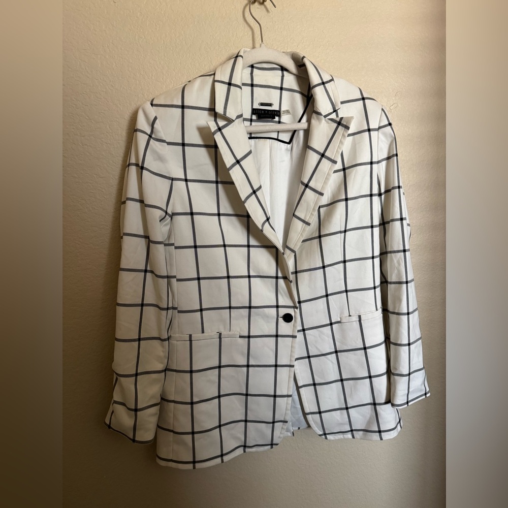 Alice and Olivia Breann Padded Shoulder Blazer Sz 12 Window Pane Plaid White - Picture 5 of 11